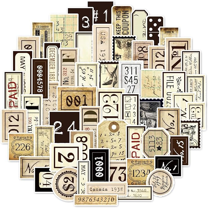 190 Pcs Vintage Label Number Stickers, Retro Tag Aesthetic Stickers for Scrapbooking Junk Journal Bullet Journal Collage Diary DIY Crafts