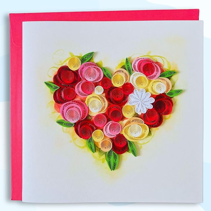 Quilling Cards, handmade card, quilled cards with Handmade Art Quilling birthday card for women, Birthday card, mother... colorful heart design (Flowers Heart 3)
