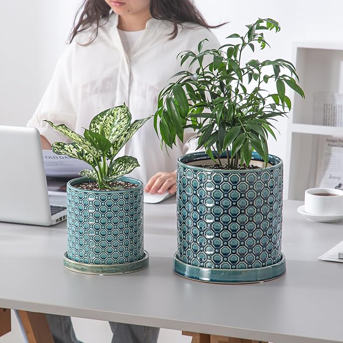 6 Inch Plant Pot: Ceramic Planter with Drainage Hole & Saucer Indoor Outdoor Plants - Cylinder Round Flower Pot for Home Office - Modern Decorative - Small Blue