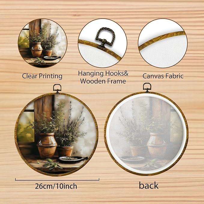 Hiuwevt Vintage Botanical Round Wall Art Decor, Antique Still Life Plant Framed Canvas Prints, Rustic Farmhouse Round Wall Hanging Decor for Home Living Room Decorations, 10x10 Inches