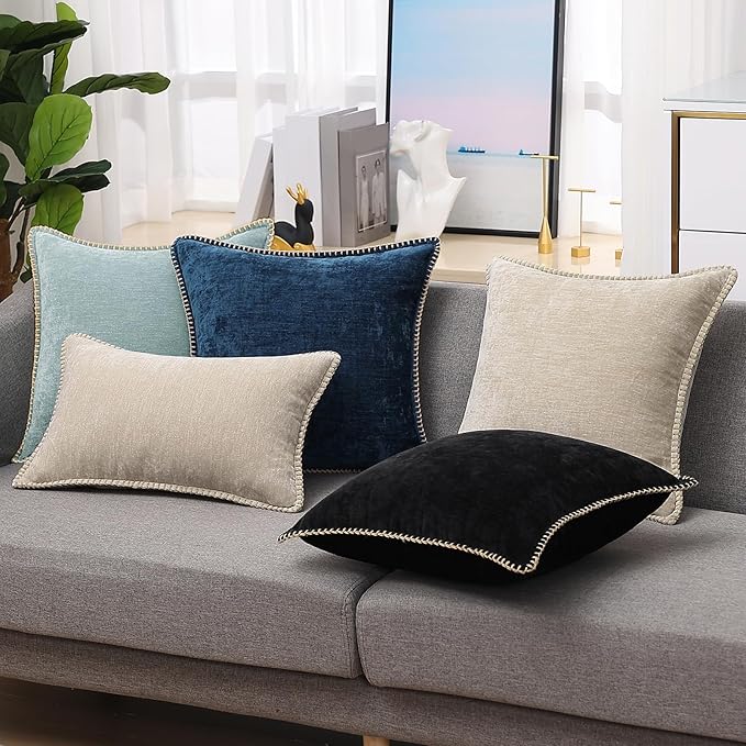 decorUhome Spring Chenille Soft Throw Pillow Covers 16x16 Set of 2, Farmhouse Velvet Neutral Decorative Pillow Covers with Stitched Edge for Couch Sofa Bed Home Decor, Poseidon