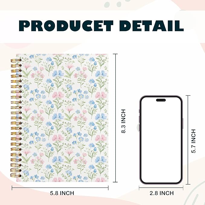 BearCake Floral Flower Notebook Journal, Blue Floral Aesthetic Notebook, Chinoiserie Journal, Blue Aesthetic Office Supplies, Notebooks for Work, Hardcover Spiral Notebook 5.5x8.3