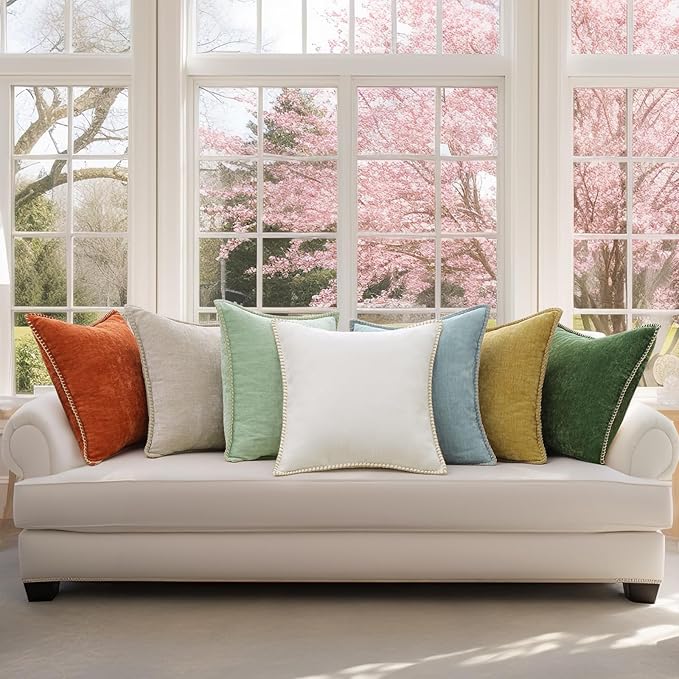 decorUhome Spring Chenille Soft Throw Pillow Covers 20x20 Set of 2, Farmhouse Velvet Neutral Decorative Pillow Covers with Stitched Edge for Couch Sofa Bed Home Decor, Neutral Gray