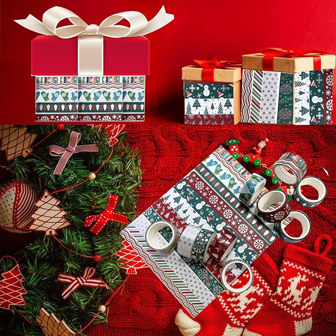 Christmas Holiday Washi Tape Set Xmas Winter Foil Washi Masking Tape Bullet Journal Kids Chirstmas Craft Supplies with Snowflake Tree Deer Striped, Perfect for Christmas Card Gift Wrapping 24 Rolls