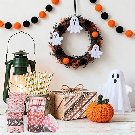 12 Rolls Halloween Washi Tape, Cute Ghost Pumpkin Spiders Masking Tape Boho Holiday Decorative Tapes Set for Scrapbooking, DIY Crafts, Party Decor 16.4FT
