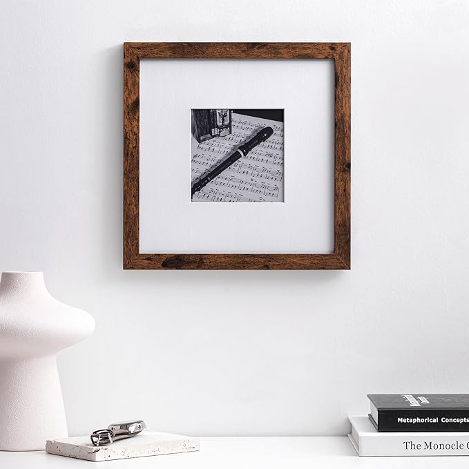 eletecpro 8x8 Picture Frames Set of 9 Classic Gallery Wall Frame Set Displays 4x4 Photo with Mat or 8x8 without Mat, Square Picture Frames Collage Wall Decor, Rustic Brown Modern Home Decor for