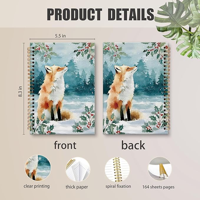 XNXLDYLH Christmas Winter Fox Notebook Journal for Kids, Rustic Farmhouse Aesthetic Spiral Notebook, Woodland Journals Notebooks for Women Girls, Christmas Fox Office School Supplies Gifts,5.5x8.3Inch