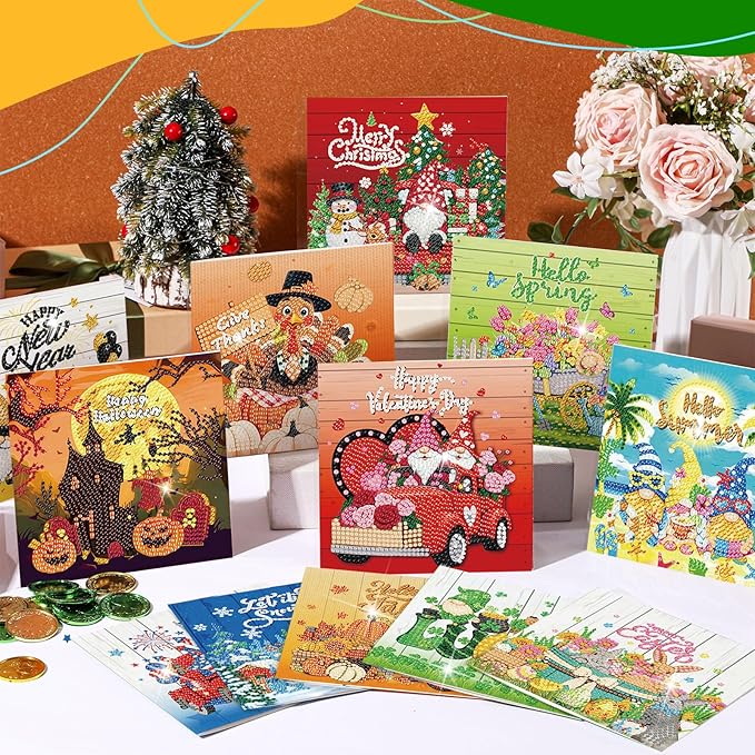 Saillong 12 Pack Christmas Diamond Painting Greeting Card Kit Holiday Diamond Art Cards with Envelopes Season Winter 5D Rhinestones Painting Making Kits for Adult DIY Craft Family Friend Holiday Gift