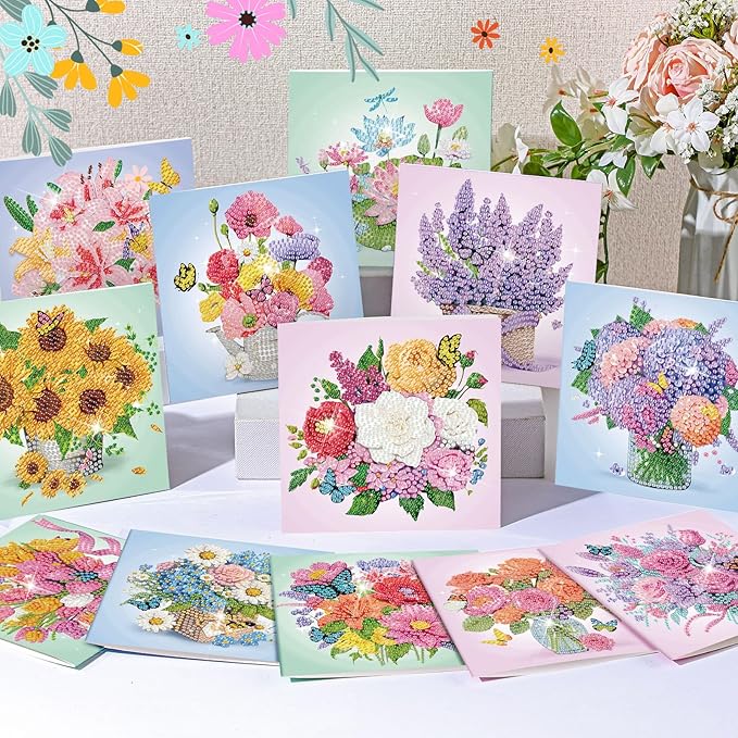 Saillong 12 Pack Flower Diamond Painting Greeting Card Kits DIY Pastel Flower Diamond Art Cards with Envelopes Floral 5d Rhinestones Paint Card for Adults DIY Craft Family Friend Birthday Xmas Gifts