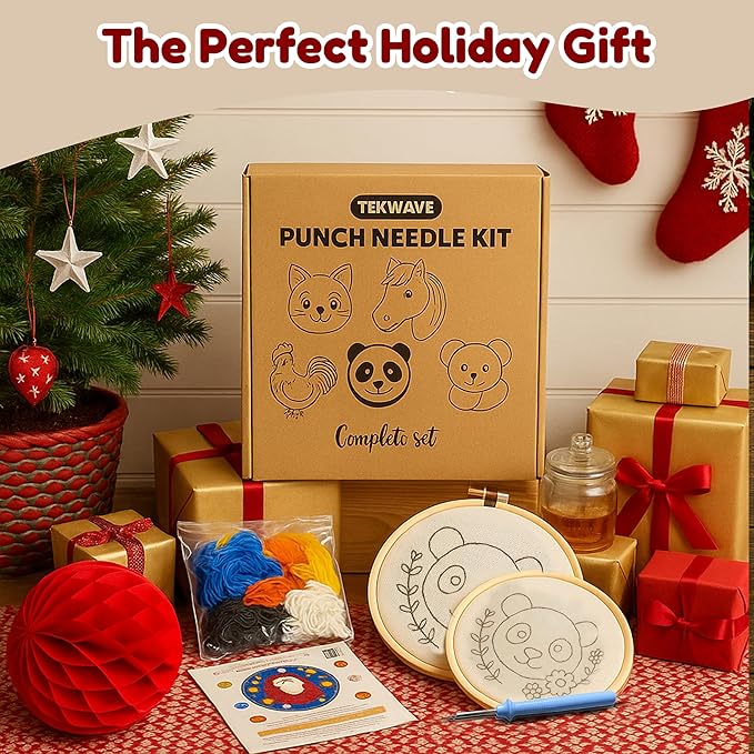 TEKWAVE Punch Needle Kit for Adults Beginners Cute Panda Design, Step-by-Step Video Pre-Printed Pattern and Written Instructions, DIY Embroidery Set with Yarn, Fabric, Hoop for Home Decor Crafts