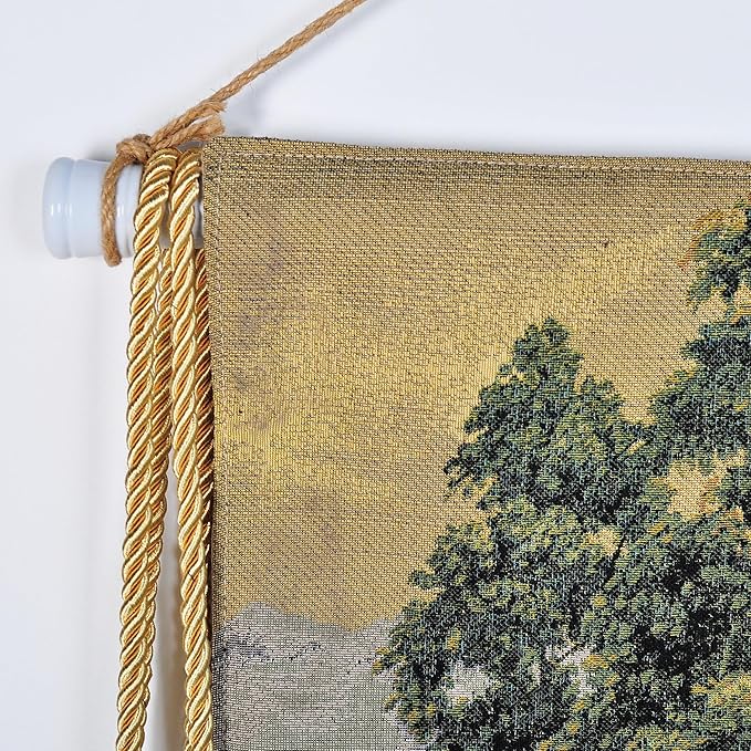Vintage Nature Tapestry Wall Hanging Set with Telescopic Rod & Tassels - Jacquard Woven Fabric Aesthetic Lake & Mountain Landscape Wall Tapestry for Bedroom/Living Room Decor Green Art (42"x27")
