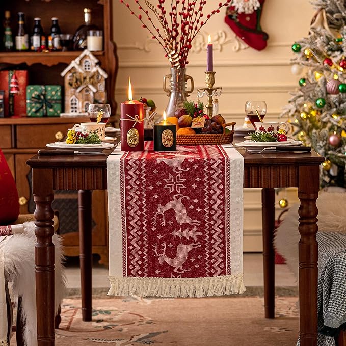 Table Runners 48 Inches,Elk Table Runner with Tassel Fringe,Christmas Table Runner for Party,Coffee Table, Festival