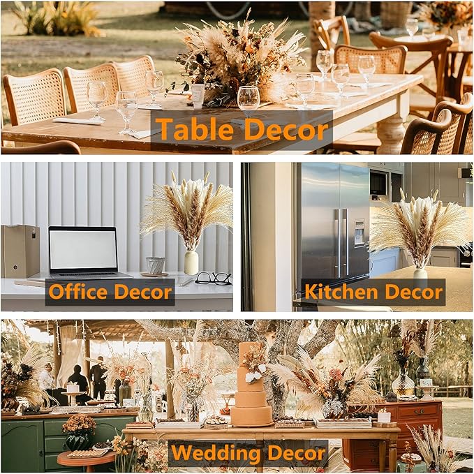 110 PCS of Boho Pampas Grass Decor, Naturally Dried Pompas, Bunny Tails Dried Flowers, and dried eucalyptus. Perfect for Weddings, Boho Party Decorations, and Table Decor.