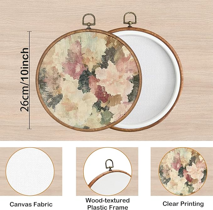 KSDUT Vintage Flower Floral Wall Decor Art - Botanical Neutral Wall Art Canvas Frame Hanging Prints, Retro Landscape Wildflower Round Wall Art Decor for Home Decorations 10"x10"