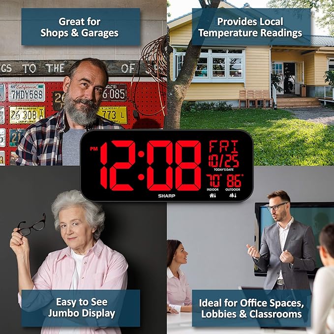 Sharp Large Oversized Screen LED Clock with Outdoor/Indoor Temperature with Outdoor Sensor, with Date and Day of Week – 14 inch Clock with 4 inch Digits