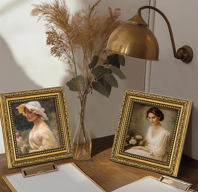 eletecpro 5x5 Picture Frames Set of 4, Vintage Gold Photo Frames with Glass, Display 5x5 Photo for Tabletop or Wall Decor, Gold