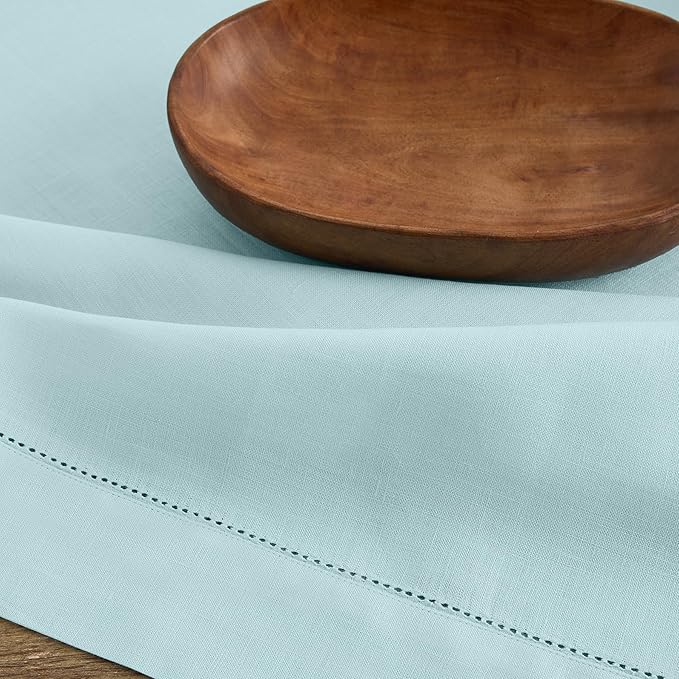 Solino Home Linen Aqua Blue Table Runner 90 Inches Long - 100% Pure Linen Hemstitch 14 x 90 Inch Table Runner for Dining, Spring, Easter, Winter - Classic Hemstitch