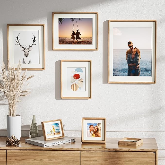 HELPLEX 10x10 Picture Frame Set of 2 - Matte White Oak Wood with HD Tempered Glass, Adjustable for 6x6/8x8 Matted or 10x10 Open, Gallery-Quality Vertical/Horizontal Wall or Tabletop Display