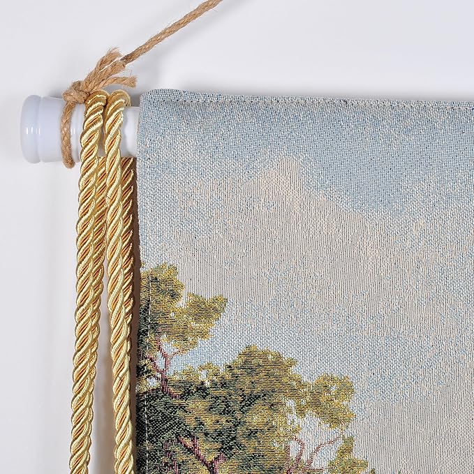 Vintage Nature Tapestry Wall Hanging Set with Telescopic Rod & Tassels - Jacquard Woven Fabric Aesthetic Country Landscape Wall Tapestry for Bedroom/Living Room Decor Green Art (42"x27") (Lush - green, idyllic village by the stream)
