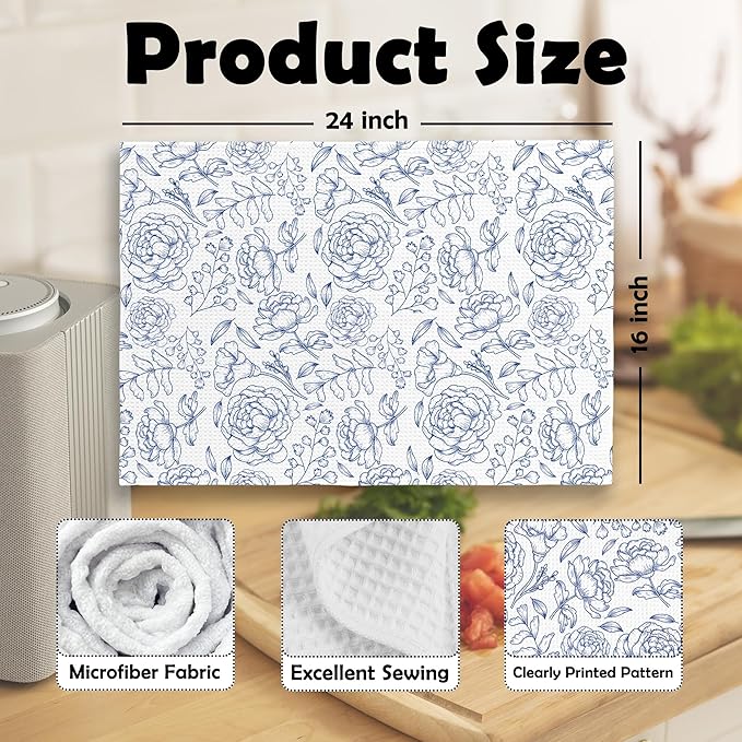 Vintage Blue Botanical Floral Kitchen Dish Towels, Rustic Cottagecore Elegant Flower Plant Midcentury Modern Boho Hand Towels Bathroom Kitchen Tea Towels Decorations, 16x24inch Set of 2