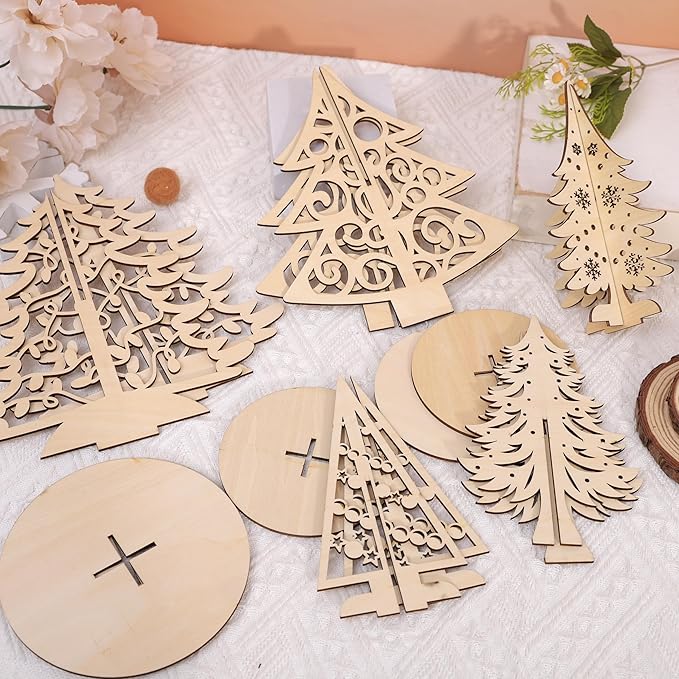 Christmas Craft Set - Wood 3D Christmas Tree, Wooden Unfinished Slices to Paint, Xmas Trees Cutouts Ornaments, for Xmas Winter DIY Handmade Tiered Tray Decorations