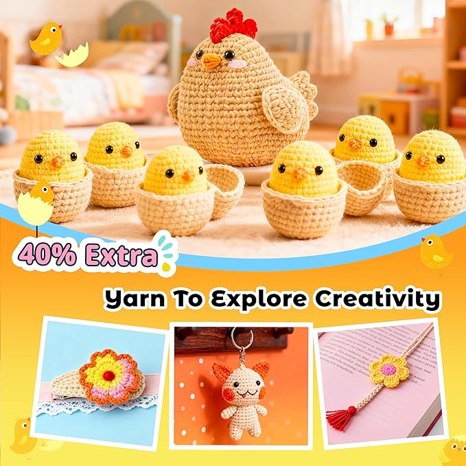 Joyclub 4 Pcs Crochet Kit for Beginners Crochet Starter Kits for Adults and Kids Great Birthday Gifts for Crocheting Lovers with Step by Step Video Amigurumi Chicken Family Knitting Kit DIY Craft
