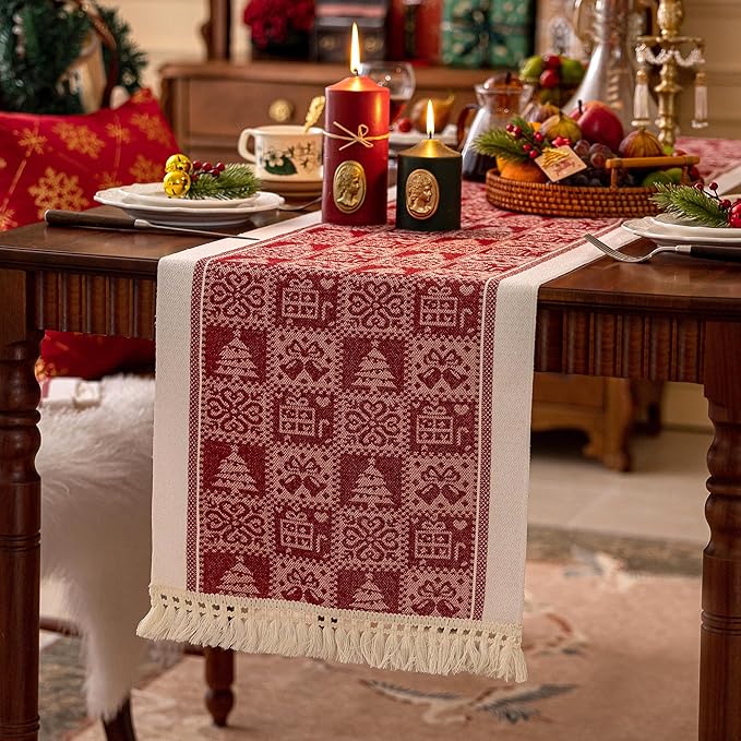 Table Runners 138 Inches,Christmas Tree Table Runner with Tassel Fringe,Gift Table Runner for Party,Coffee Table, Festival