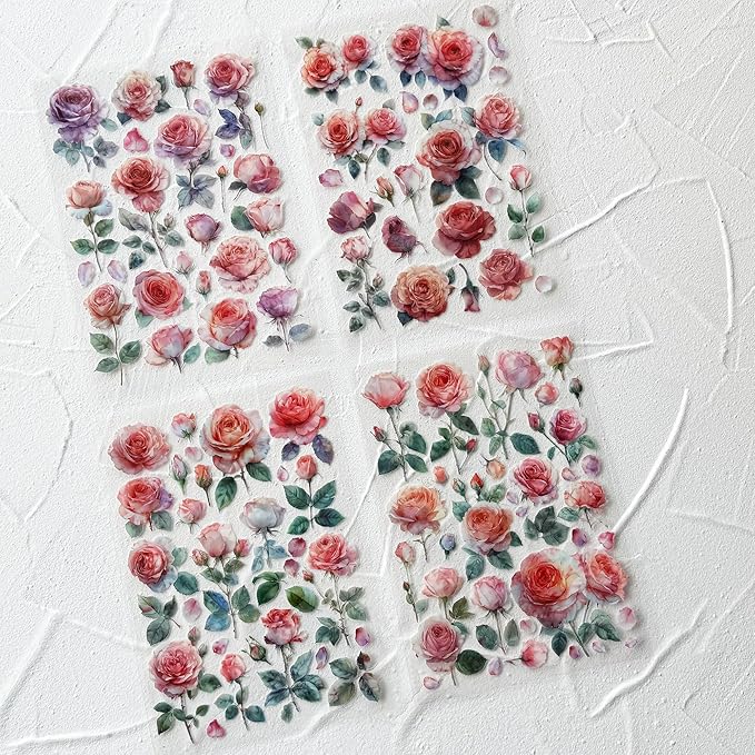 Watercolor Roses Stickers for Scrapbooking, Self-Adhesive Flowers Stickers Journal Embellishment Supplies for Art Craft Decorations