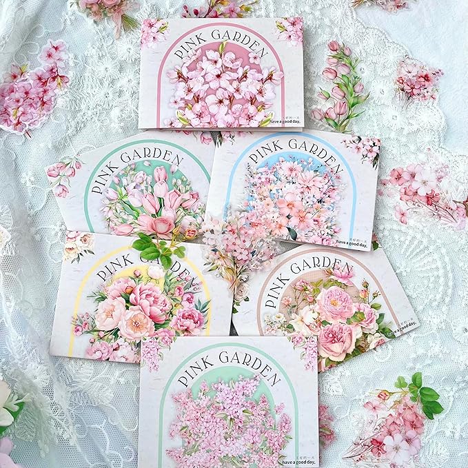 180Pcs Floral Scrapbook Stickers for Junk Journal, Nature Flower Clear PET Stickers for Scrapbooking, Planner, Journaling Supplies, Bullet Journal, Crafting (Pink Garden)