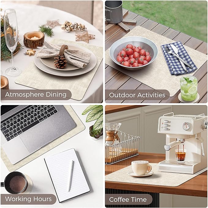 Vinyl Placemats Set of 8, Faux Leather Waterproof and Heat Resistant Place Mats, Washable Anti-Slip Table Mats with Coaster, Wipeable Placemats for Indoor & Outdoor 17" x 12" (Beige, Set of 8)