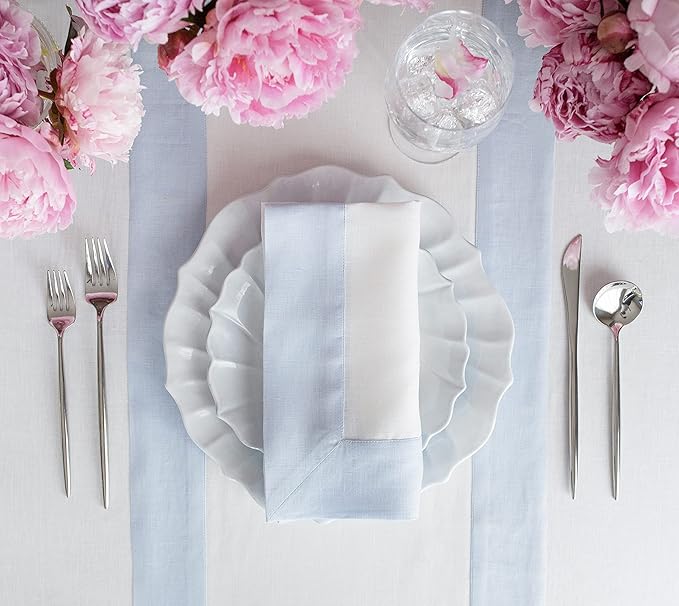 Solino Home Linen Table Runner 120 Inches Long - 100% Pure Linen Light Blue and White Dining Table Runner 14 x 120 Inch for Winter, Spring, Easter - Contempo