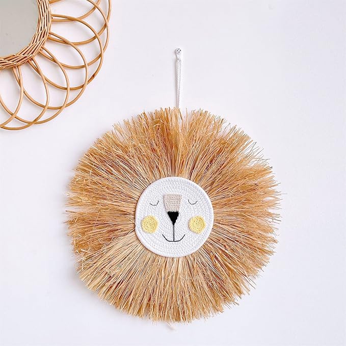 Charlbytion Wall Art Animal Head Hand Knitted Hanging,Cotton Thread Weaving Straw Cartoon Tassel Beard Lion Tiger Macrame Pendant Nursery Room Wall Decor for Home Decoration (19''*19'', A)