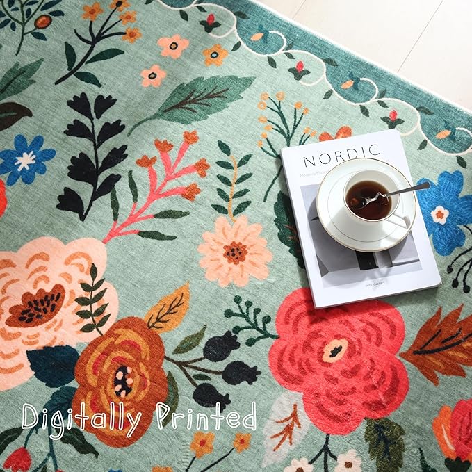 Rugcomf Area Rug 4x6 Rug Washable Boho Rugs Non Slip Low Pile Floral Small Carpet for Bedroom, Bedside, Kids Room, Office, Dining Room(Green)