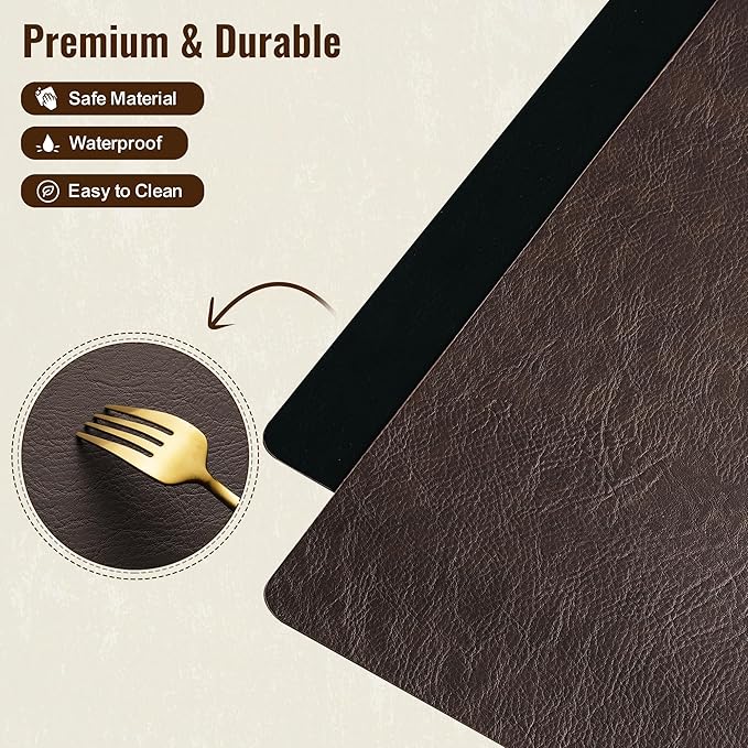 DOLOPL Placemats Set of 4 Reversible Dual-Color Table Placemats – Heat Resistant Wipeable & Brown Placemats, Luxury Faux Leather Table Mats for Vintage Dining Table Decor(Dark Brown & Black)