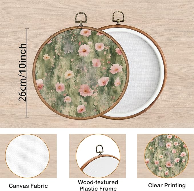 KSDUT Spring Pink Flower Wall Decor Art - Floral Botanical Wall Art Canvas Frame Hanging Prints, Preppy Trendy Wildflower Round Wall Art Decor for Farmhouse Gallery Home Decorations 10"x10"