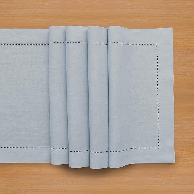 Solino Home Linen Dusty Blue Table Runner 90 Inches Long - 100% Pure Linen Hemstitch 14 x 90 Inch Table Runner for Dining, Winter, Spring, Easter - Classic Hemstitch