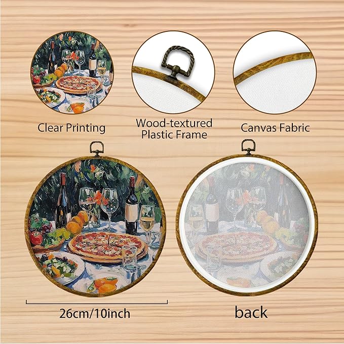 Hiuwevt Pizza and Champagne Round Wall Art Decor, Abstract Impressionist Cocktail Framed Canvas Prints, Quirky Whimsical Food Round Wall Hanging Decor for Bedroom Home Decorations, 10x10 Inches
