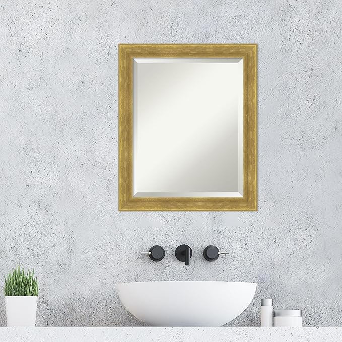 Amanti Art Gold Wall Mirror 23x19 Angled Gold Rectangle Bathroom Mirror for Wall Decor Living Room, Small Modern Wood Frame, Hangs Horizonally and Vertically, Bathroom Decor, Beveled Edge