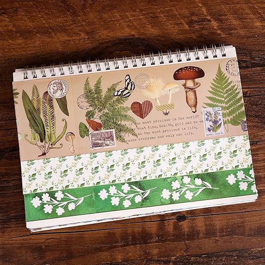 18 Rolls Vintage Washi Tape Set, Mushroom Flower Plants Decorative Tape, 5/10/15/20/25/30/50/75mm Wide Adhesive Tape for Bullet Journaling, DIY Crafts, Scrapbooking Supplies (Green)
