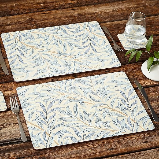 Pimpernel Morris & Co Willow Bough Blue Placemats, Set of 4 - Soft Blue Botanical Mats with Cork Backing for Dining Table Decor & Modern Tableware Accent for Everyday Meals at Home & Restaurants Use