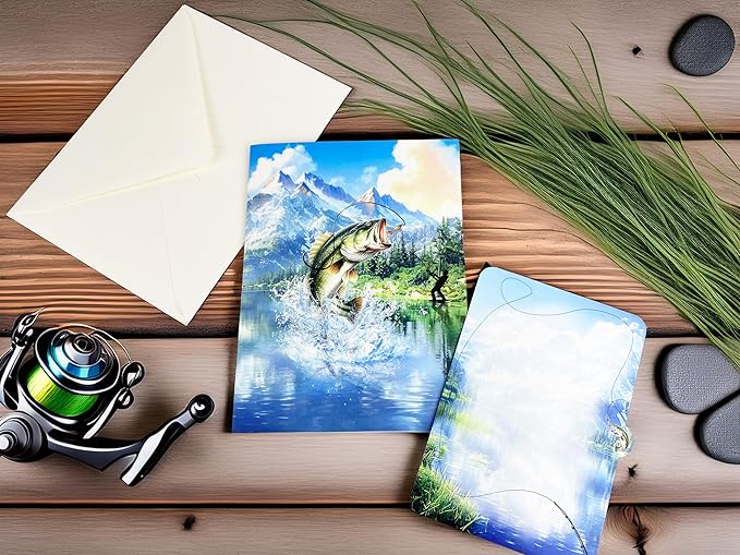 3D Pop Up Greeting Card – Handmade Fishing Card with Jumping Bass & Scenic Lake – Father’s Day, Birthday, Retirement, Outdoor Sportsman & Fisherman Gift
