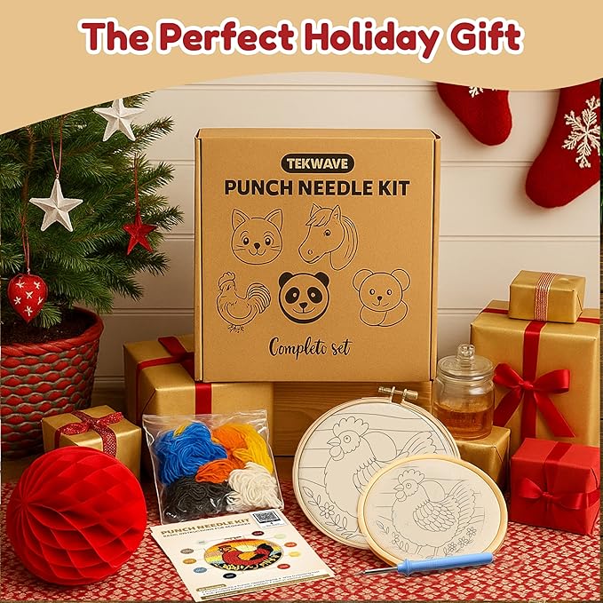 TEKWAVE Punch Needle Kit for Adults Beginners Rooster Sunrise Design, Step-by-Step Video Pre-Printed Pattern and Written Instructions, DIY Embroidery Set with Yarn, Fabric, Hoop for Home Decor Crafts