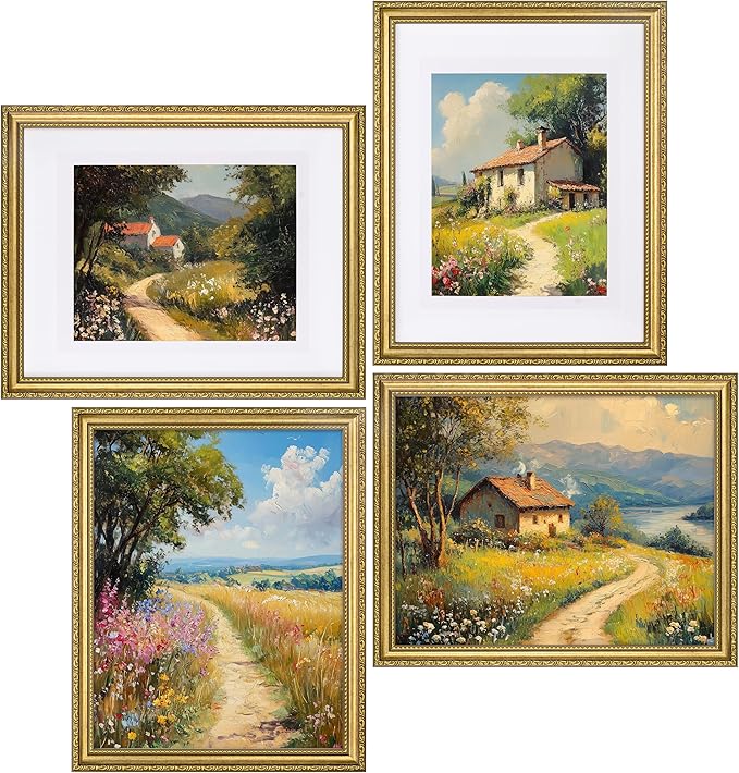 eletecpro 11x14 Picture Frames Set of 4, Vintage Photo Frame with Glass, Gold Frames 11 x 14 Display 8x10 Photo with Mat or 11x14 without Mat for Tabletop or Wall Decor, Gold