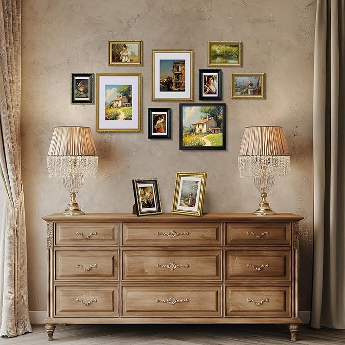 eletecpro 12x12 Picture Frames Set of 4, Vintage Photo Frame with Glass, Rustic Frames 12 x 12 Display 8x8 Photo with Mat or 12x12 without Mat for Home Wall Decor, Black