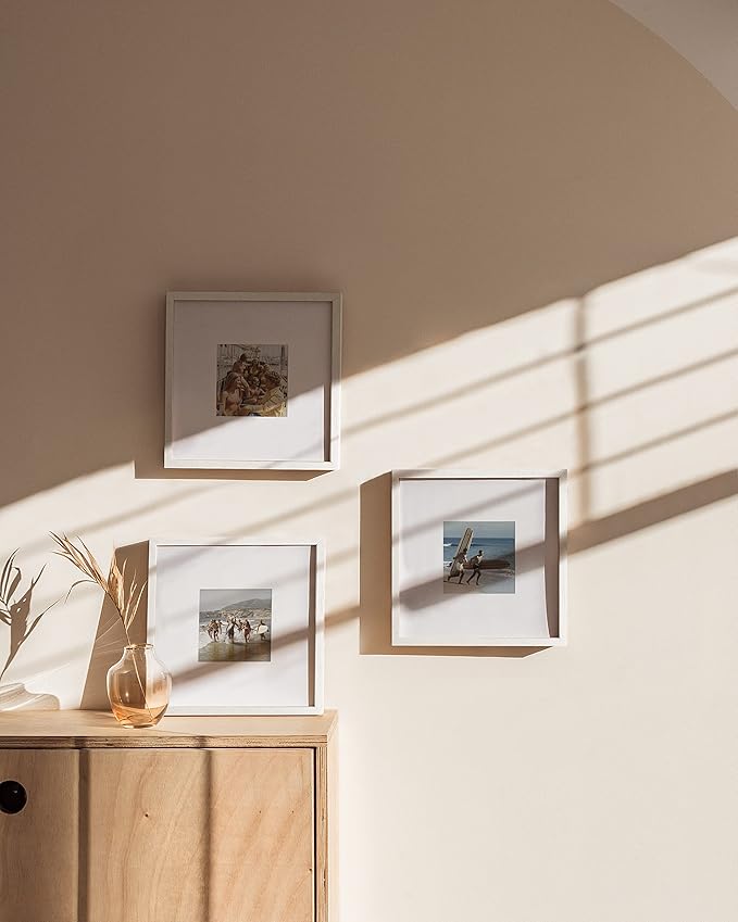 HAUS AND HUES White Oak Wood 10x10 Picture Frames - Set of 3, Square Frames with Mat, Minimalist White Frames for Posters and Photos (10x10 in, White, Set of 3)