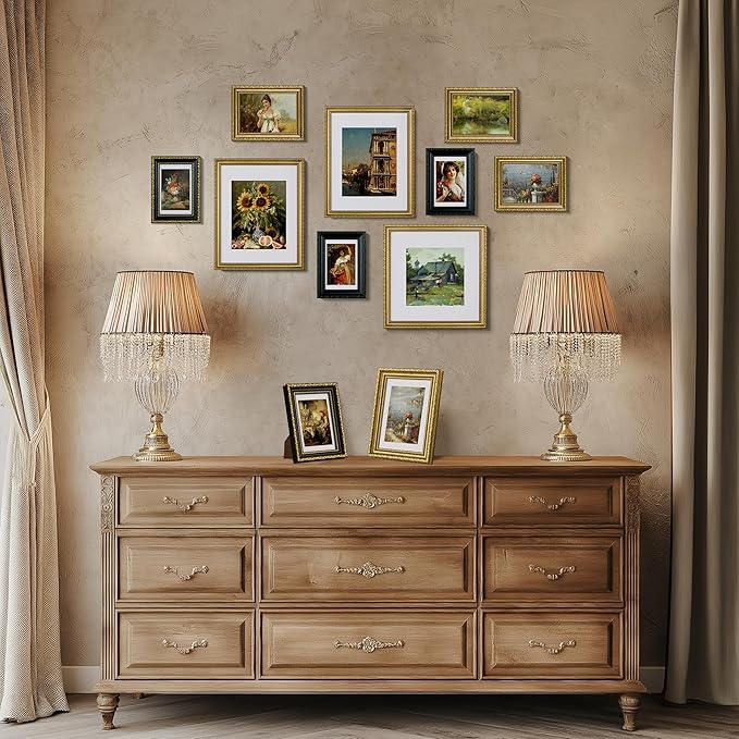 eletecpro 8x8 Picture Frames Set of 4, Vintage Photo Frame with Glass, 8 x 8 Gold Frames Display 4x4 Photo with Mat or 8x8 without Mat for Tabletop or Wall Decor, Gold