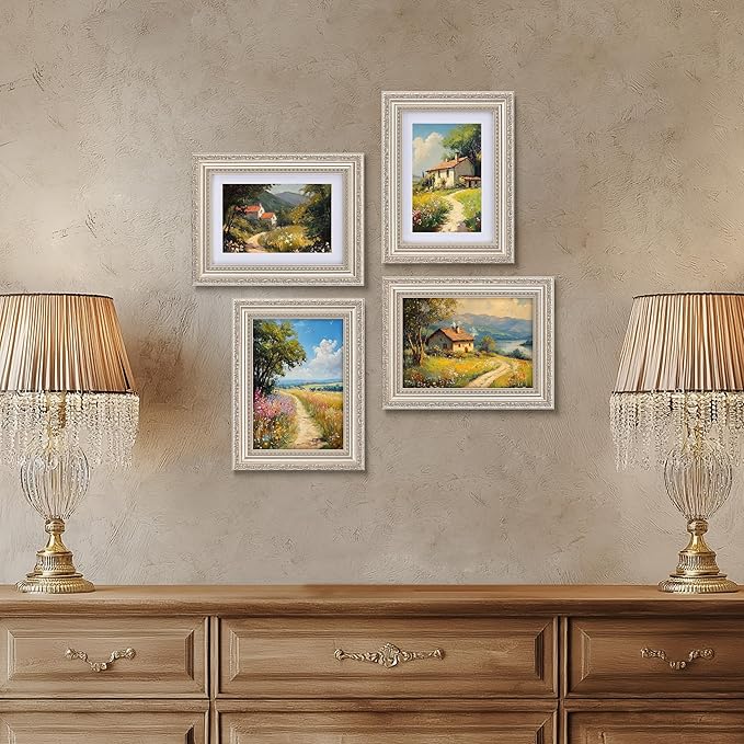 eletecpro 5x7 Picture Frames Set of 4, 5 x 7 Vintage Photo Frames with Glass, Displays 4x6 Photo with Mat or 5x7 without Mat for Tabletop or Wall Decor, Silver Beige