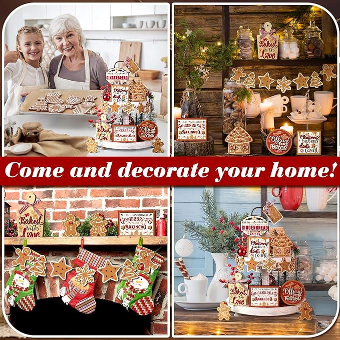 Kajaia 15 Pcs Christmas Tiered Tray Decor Winter Tiered Tray Decorations Set Snowman Snowflake Gingerbread Man Hot Cocoa Wooden Signs Farmhouse Christmas Table Decorations(Gingerbread Man)