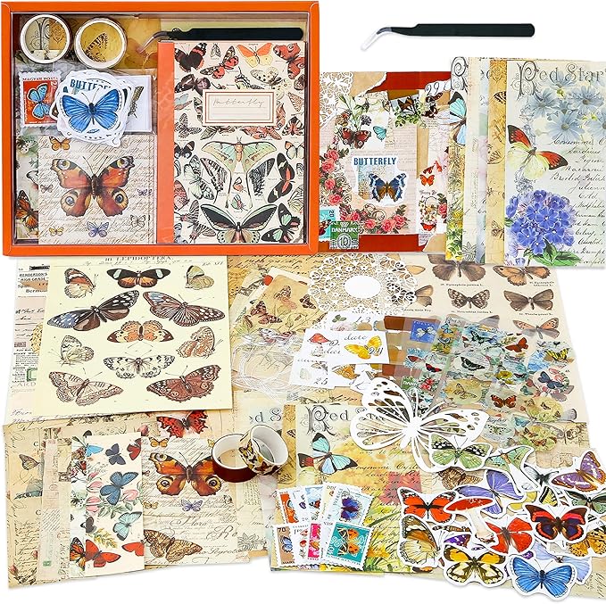 emmoolife Vintage Aesthetic Scrapbooking Supplies Kit, Butterfly Junk Journal Scrapbook Kit with Journaling Supplies, A6 Grid Notebook, Stationery, Birthday Craft Gift Set for Teen Girl Kid Women