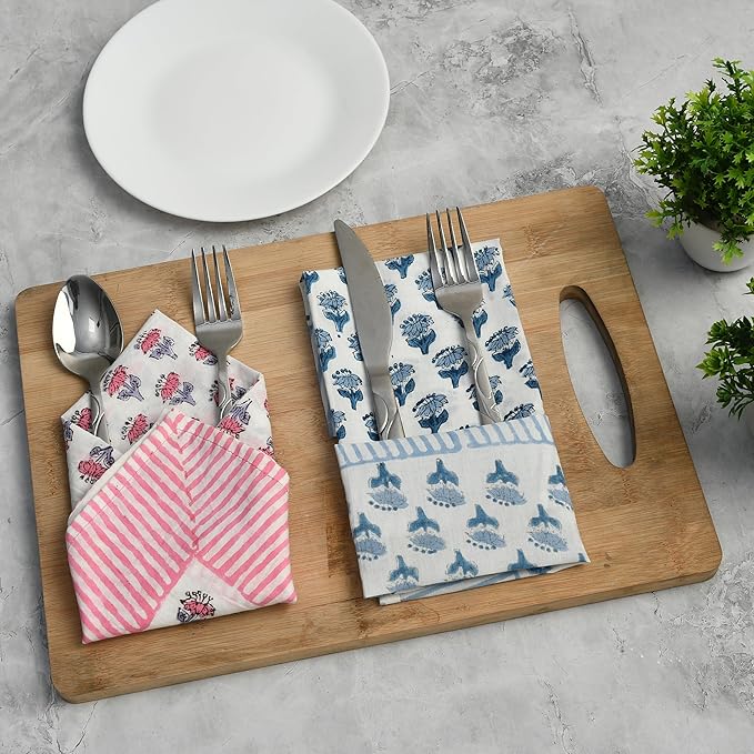 CPC Cloth Napkins 100% Cotton Set of 4 Reusable Napkins, Indian Block Print Toile Floral Dinner Napkin, Fall Thanksgiving Christmas Holiday Party Gift - Soft Absorbent Napkin, 18"x18" Stripe Border